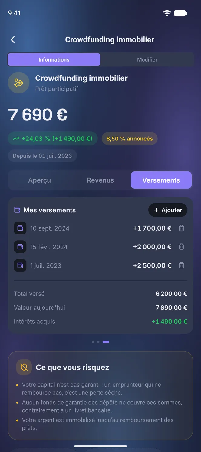 Onglet Versements d'une position de crowdlending