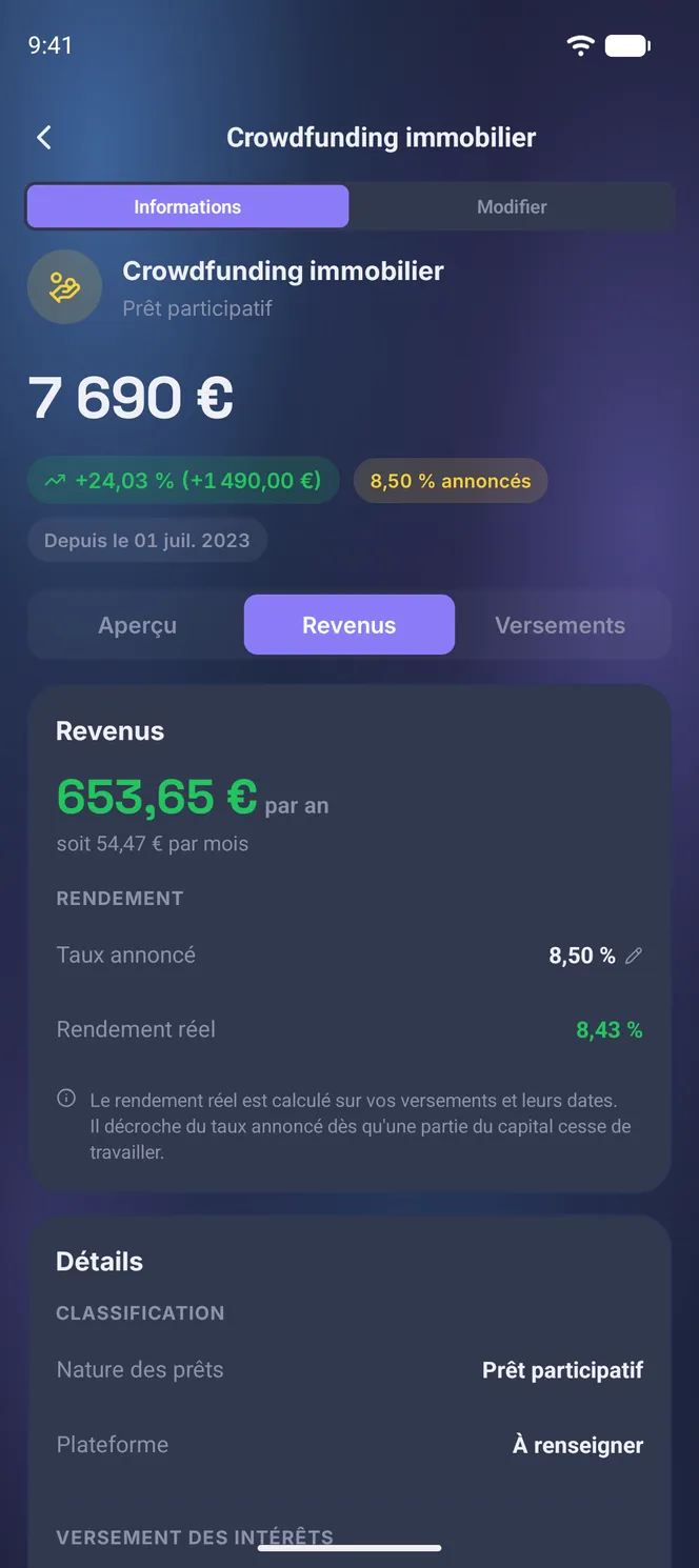 Onglet Revenus d'une position de crowdlending