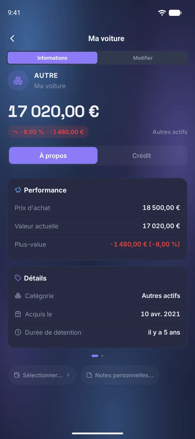 Fiche d'une voiture, valeur estimée