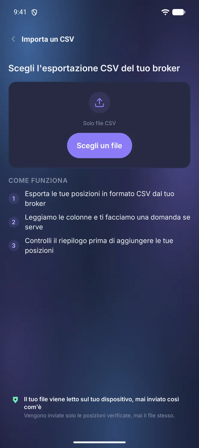 Import CSV delle posizioni crypto attuali