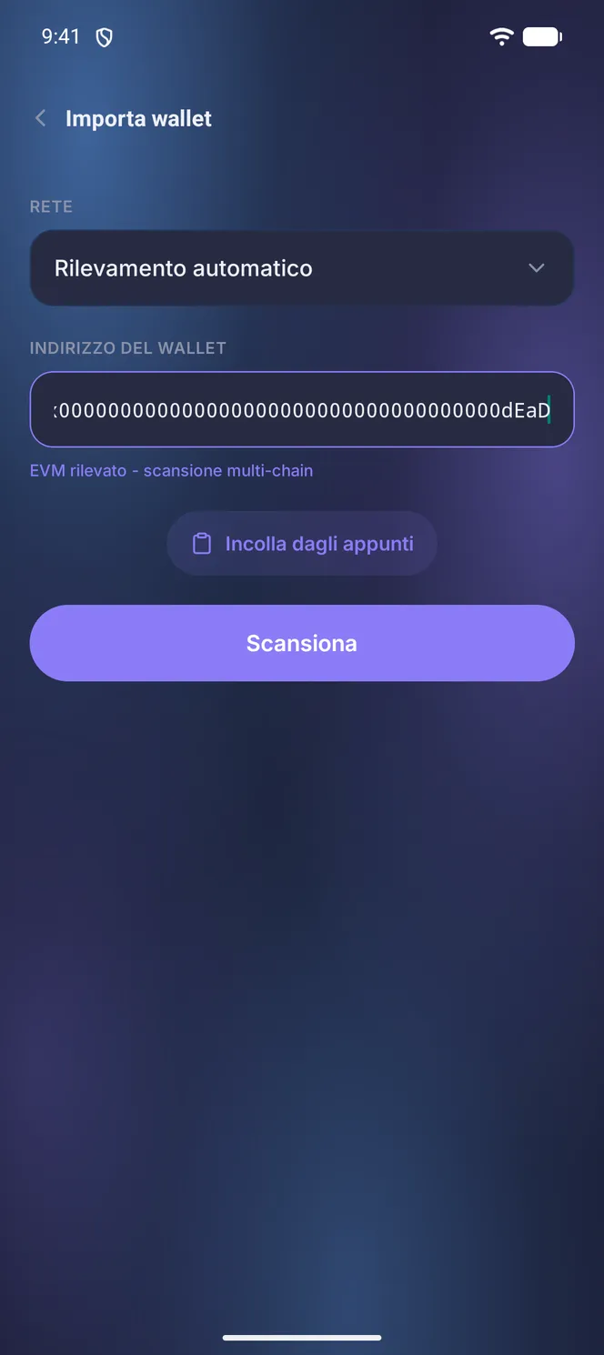 Import di un wallet crypto tramite indirizzo pubblico