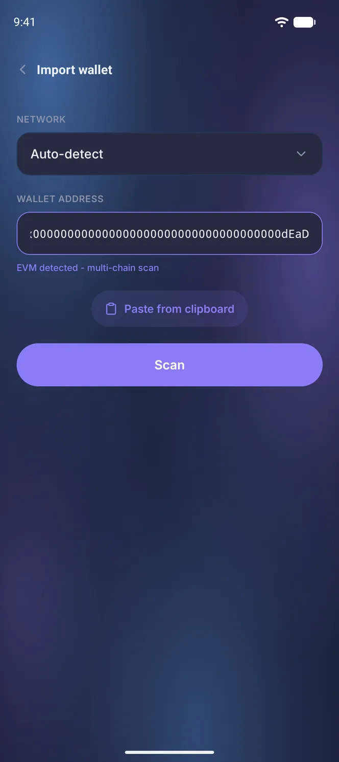 Import einer Krypto-Wallet über die öffentliche Adresse