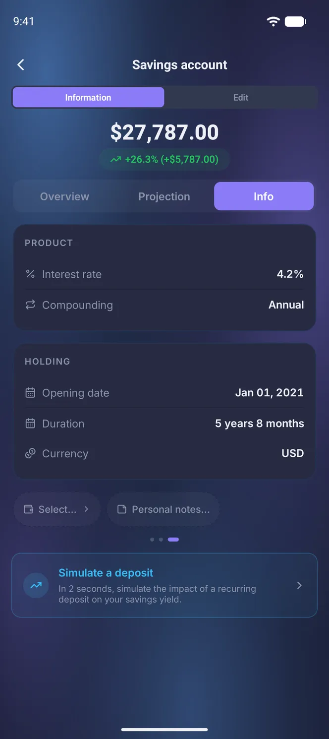Pestaña Información de una cuenta de ahorro