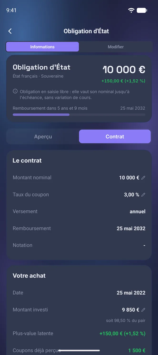 Onglet Contrat d'une obligation, coupon et maturité
