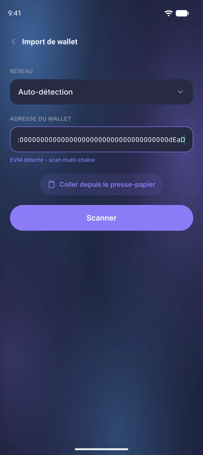 Import d'un wallet crypto par adresse publique