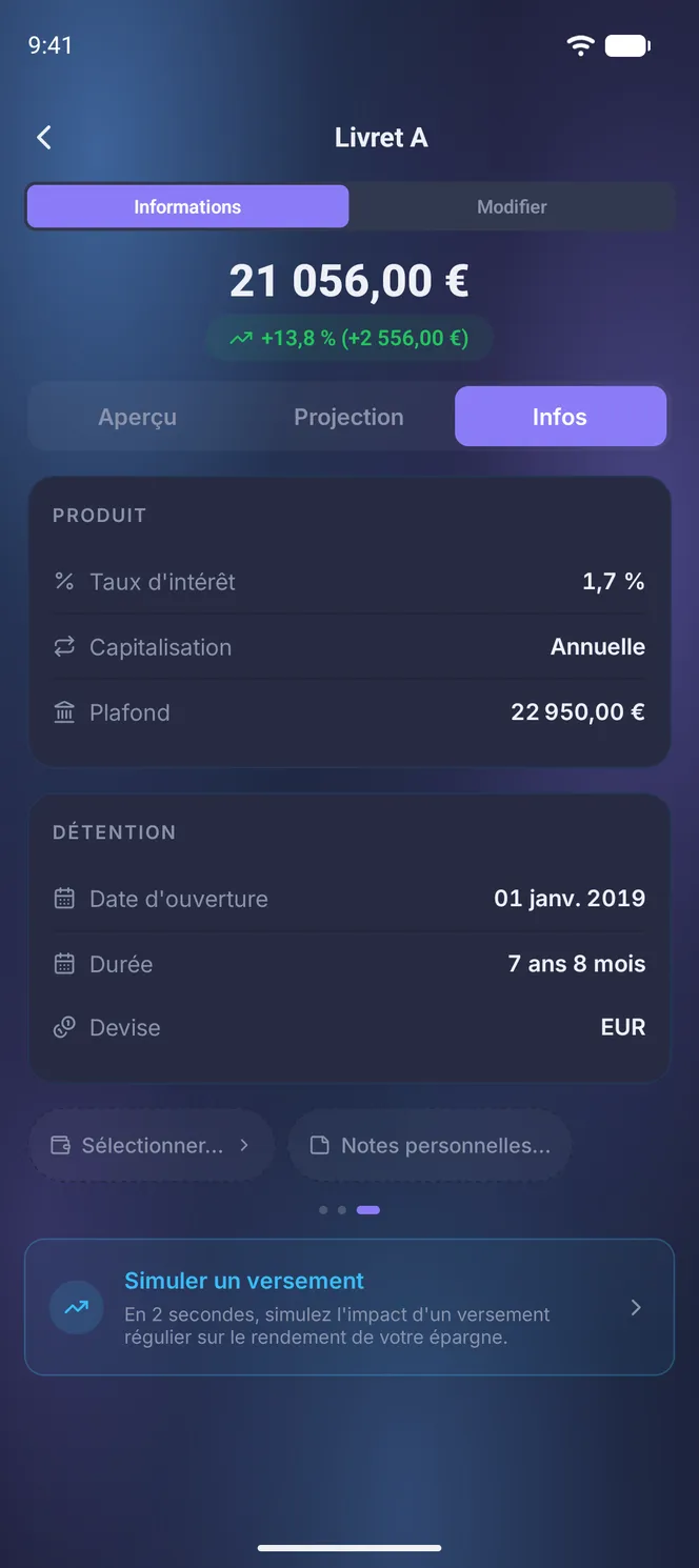 Onglet Infos d'un compte d'épargne