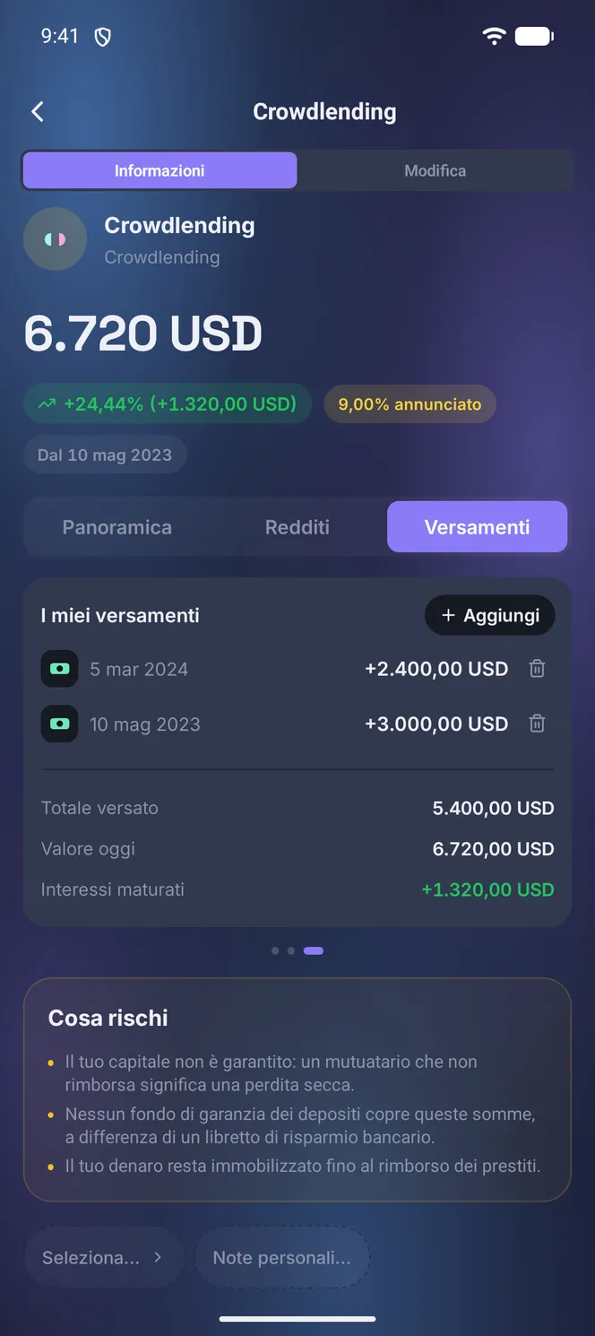Sezione Versamenti di una posizione di crowdlending