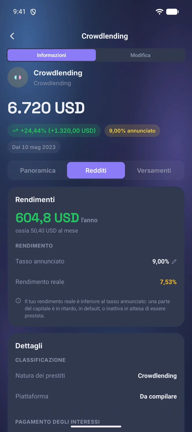 Sezione Redditi di una posizione di crowdlending