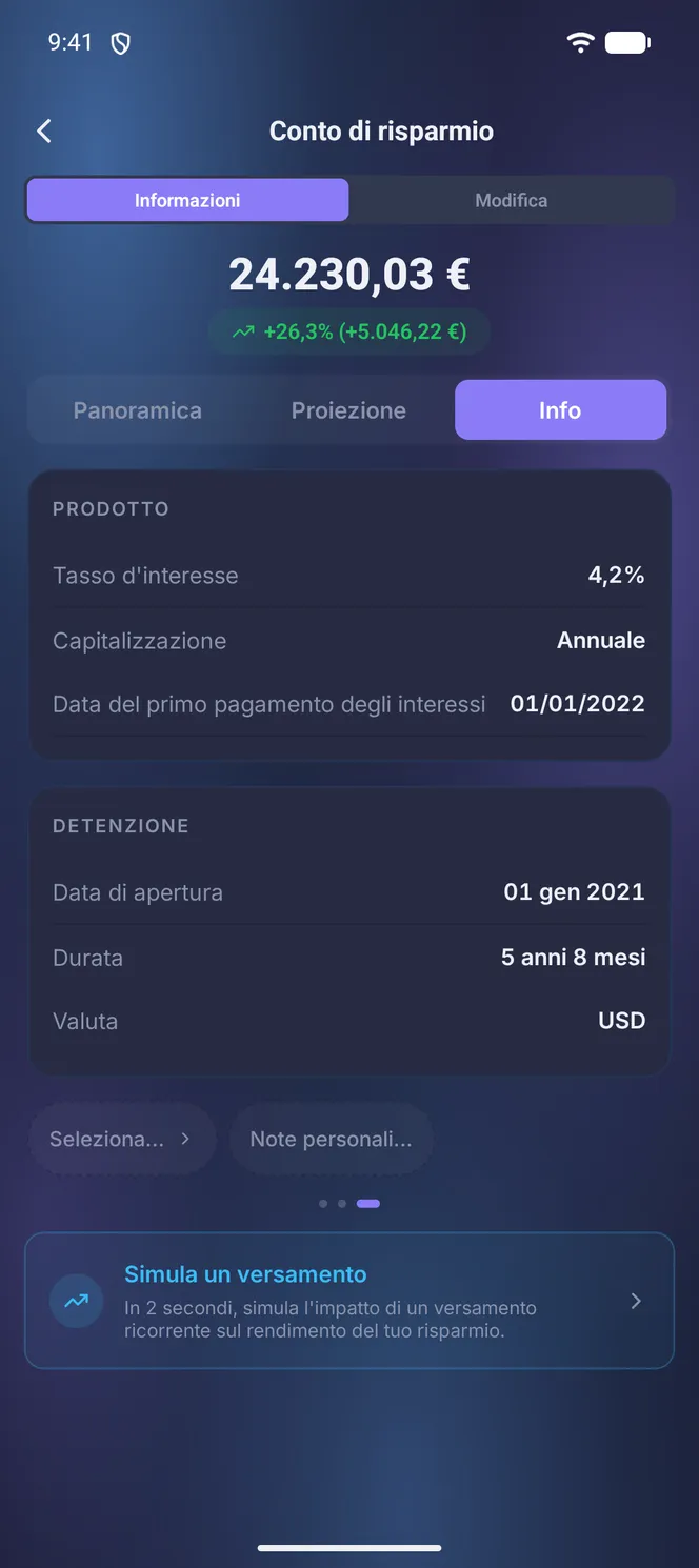 Sezione Info di un conto di risparmio