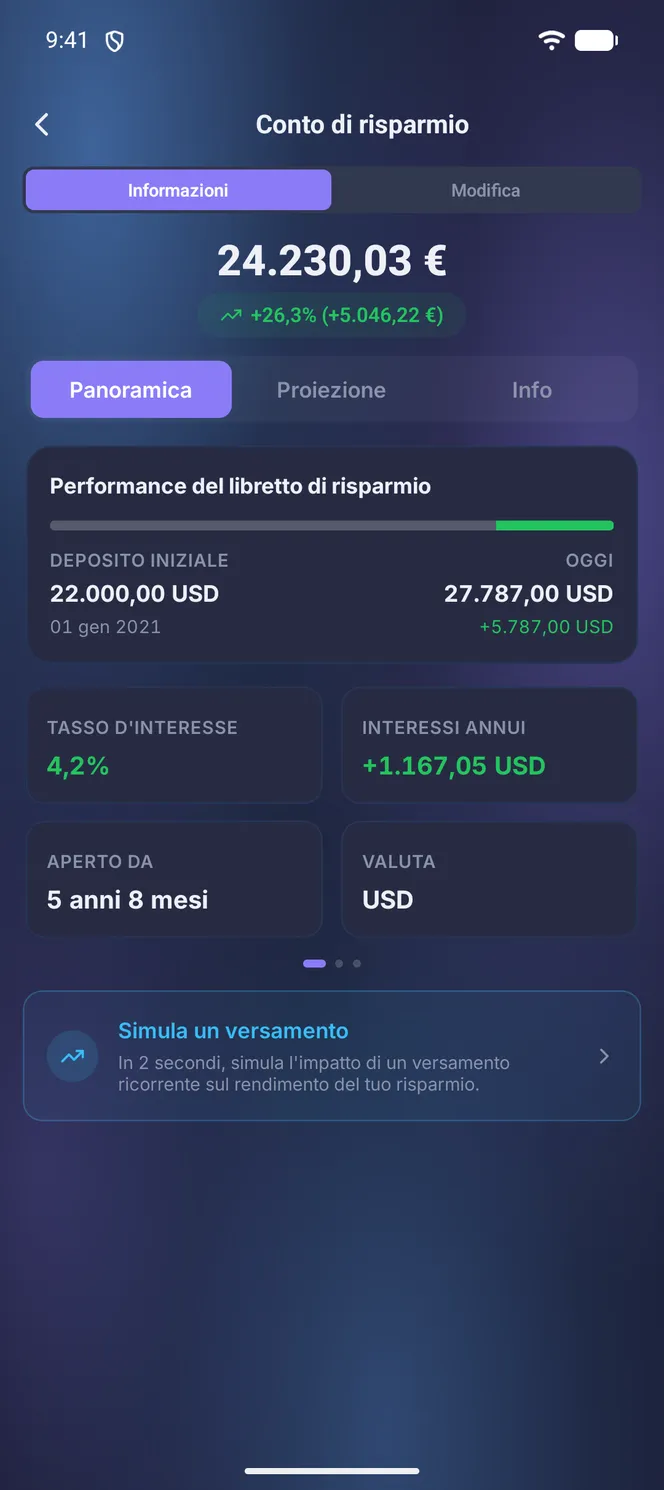 Scheda di un conto di risparmio: saldo e tasso